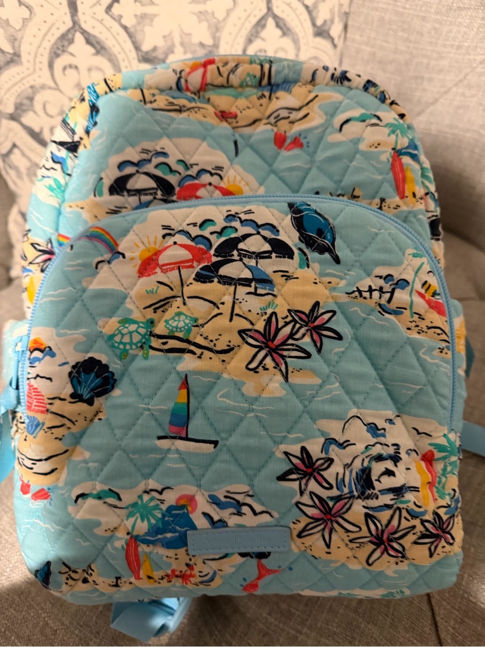 Vera Bradley Light Blue Quilted Backpack with Beach Motif